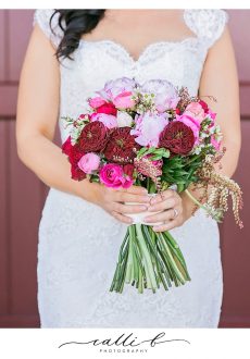 Bright wedding bouquet featuring peonies